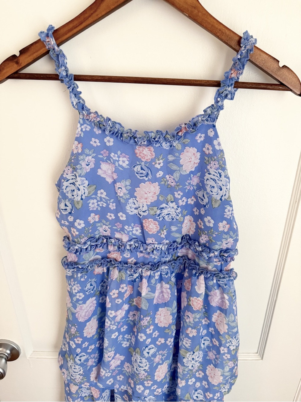 Beautees Lavender Blue Floral Tiered Dress with Pink Accents - Picture 2 of 6